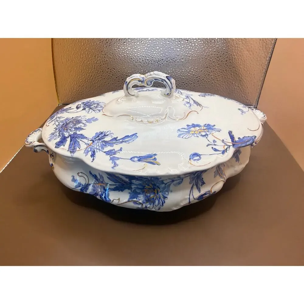 Antique Ridgways England Blue Floral Gold Covered Tureen Serving Dish 9 Inch